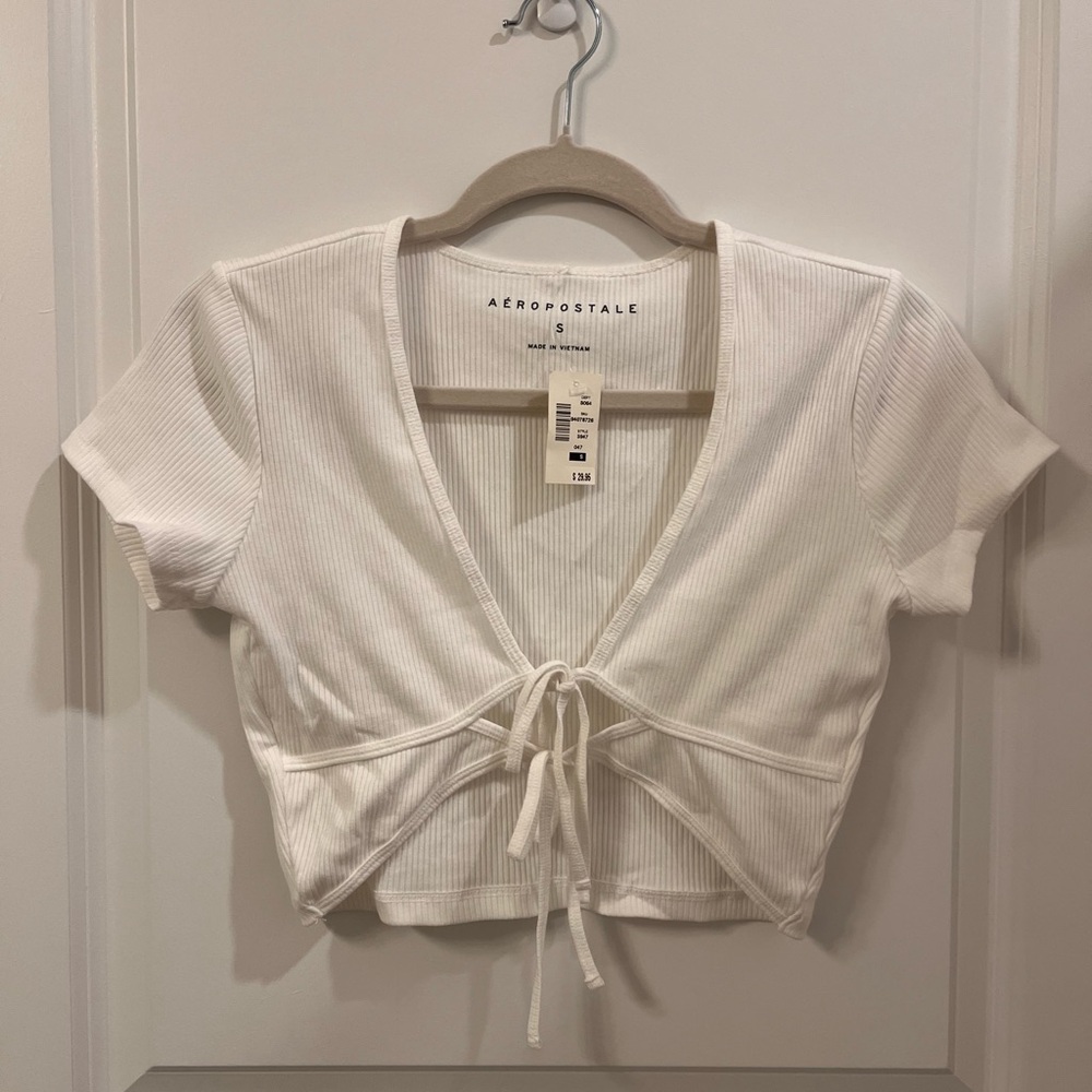 Aeropostale White Short Sleeve Tie-Front Crop Blouse